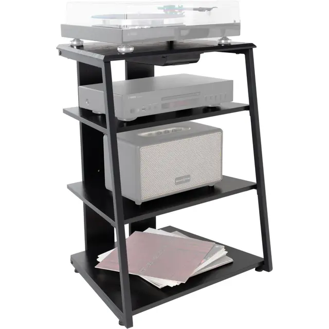 Stagecaptain HiFi Rack - Aspecto Fresno Negro, Estructura Acero, 4 Niveles, Capacidad 20-50 kg por Nivel, cajón y Patas Ajustables. Ideal para Tocadiscos y componentes HiFi.