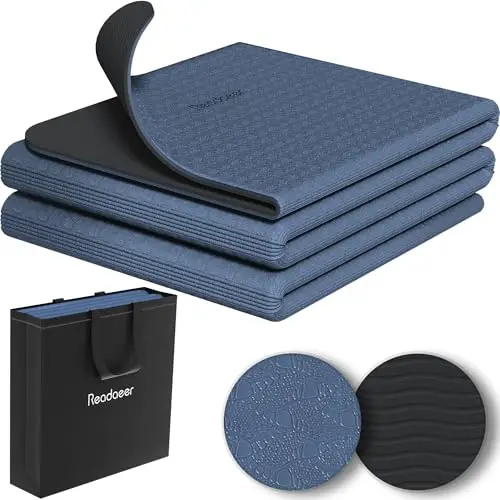 Tapete de yoga plegable para viajes, de 6 mm de grosor con bolsa de transporte, tapete antideslizante de TPE para ejercicios de pilates de 182.9 cm de largo x 61.0 cm