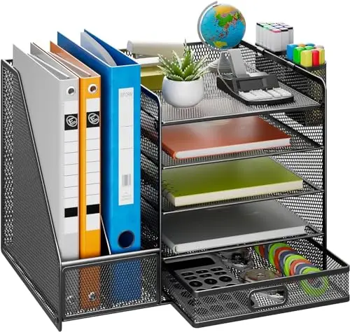 Organizador de escritorio de malla con soporte vertical para archivos, bandeja de papel de 5 niveles con cajón y 2 soportes para bolígrafos, organizador de escritorio con revistero para