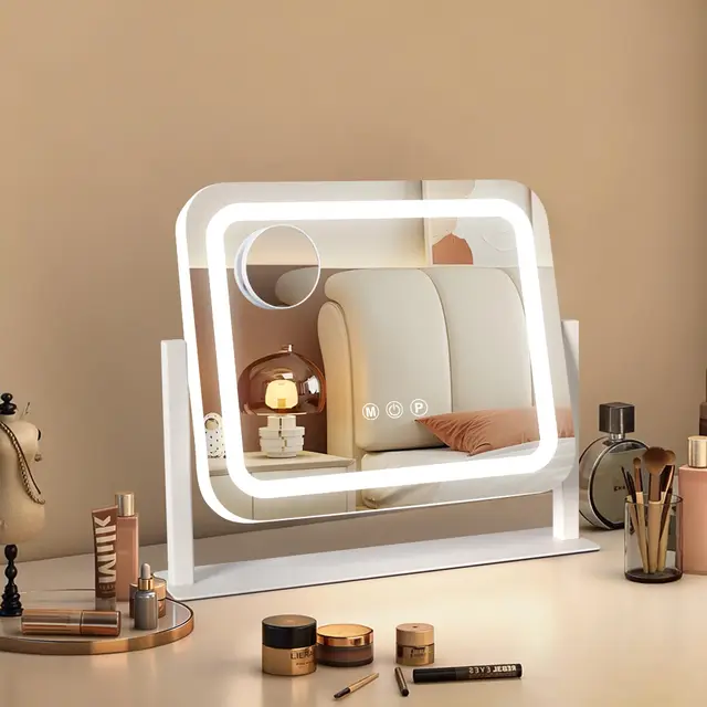 Ratsamee Espejo Maquillaje con Luz, Espejo Tocador 3 Modos de Luz, Intensidad Ajustable, Control Táctil, Giratorio 360°, Accesorio de Aumento Incluido, 35 x 30cm, Blanco