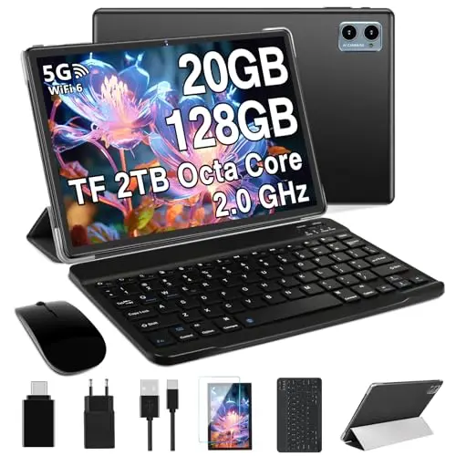 Tablet Android Tablet 10 Pulgadas, 20GB RAM+128GB ROM/TF 1TB, Octa-Core 2.0 GHz, WiFi 6, Bluetooth 5.0, Batería 6000mAh, 5MP+8MP, Widevine L1, GMS, GPS, Tablet con Funda, Ratón & Teclado - Negro