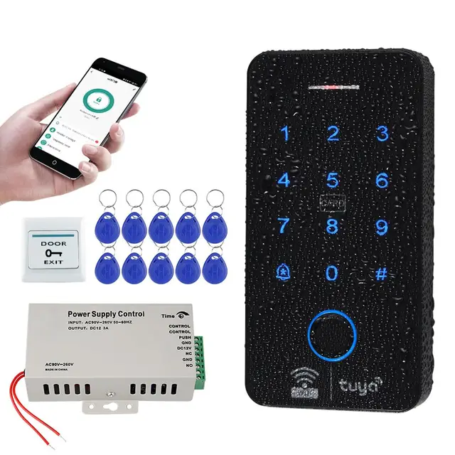 WiFi Tuya Sistema de Control de Acceso de IP68 Biometría Teclado RFID Huellas Digitales 125KHz 13.56MHz + Fuente de Alimentación DC12V + 10 llaveros RFID, Sin Cerraduras Eléctricas