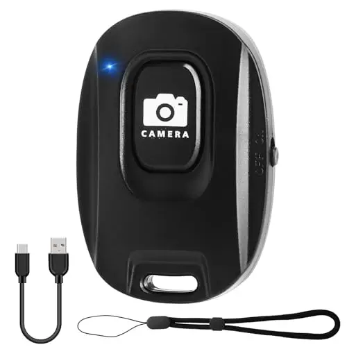 Disparador automático de cámara Bluetooth 5.2 para iOS y Android – Mando a distancia recargable para fotos y vídeos con botón selfie, cable de carga USB y correa de mano, color negro
