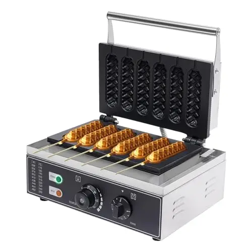 Waffeleisen Waflera, 1500W de acero inoxidable, máquina eléctrica de gofres comercial con 6 piezas de asa/perrito caliente, gofres en brocheta para panaderías, restaurantes, quioscos