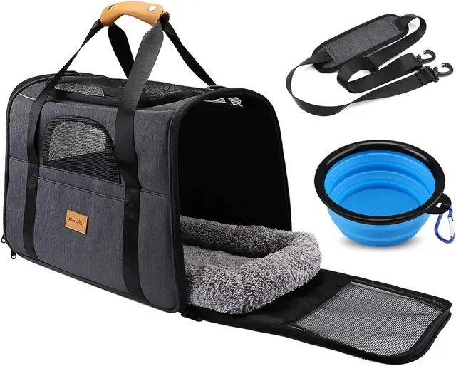 morpilot Transportín Perro Gato, Bolsa Transporte Transpirable para Mascotas, Portador de Viaje con Correa de Hombro Ajustable, Transporte de Gato con Colchón Suave+Tazón (Negro 44 x 31 x 34 cm)