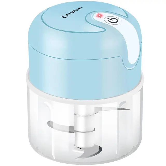 Mini picador eléctrico de alimentos, Recargable USB Type-C, Capacidad 250 ml, 3 Cuchillas Acero Inoxidable, Batería recargable, utilizado para cebolla, ajo, carne, vegetal, puré alimentos (Azul)
