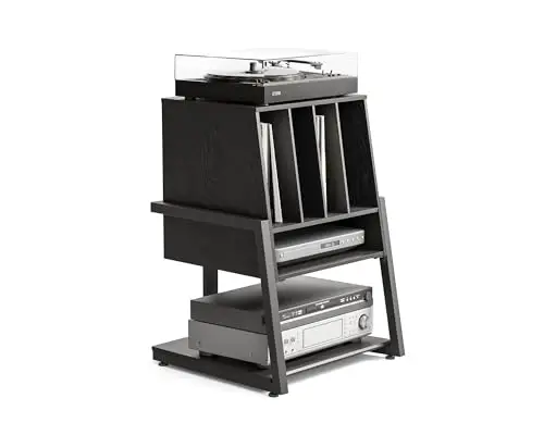 FITUEYES Mueble Tocadiscos, Mueble HiFi de Madera y Metal, Almacenamiento para 120 Discos, para Sistemas Compactos, para Salones y Salas de Música