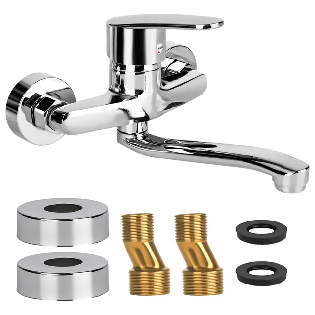Grifo de cocina montado en la pared, grifo giratorio 360°, grifo de pared para cocina fría y caliente, monomando mezclador monomando para fregadero, brazo giratorio de 24 cm, cromo