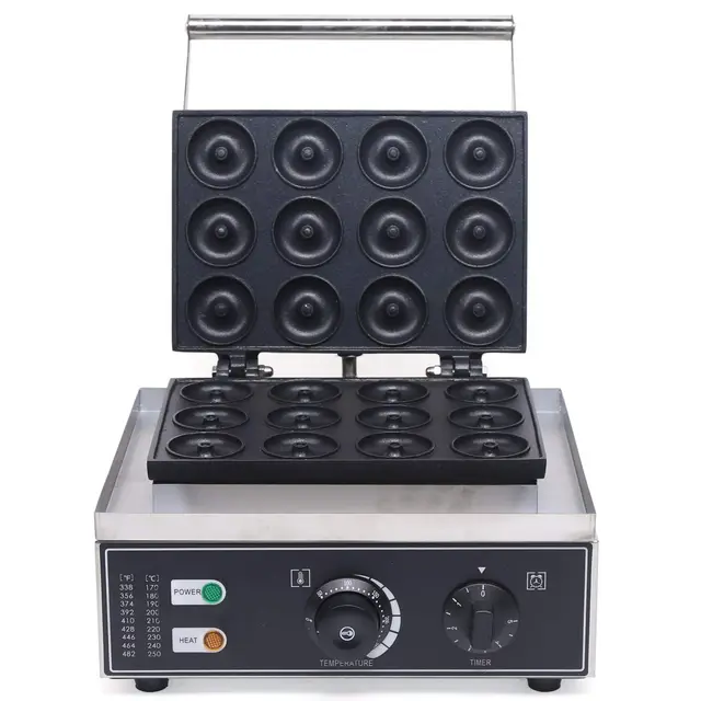 Máquina de donas eléctrica, 1550 W, acero inoxidable, comercial, 12 ranuras, máquina de donuts, 50-300 ℃, revestimiento antiadherente, para uso comercial o privado