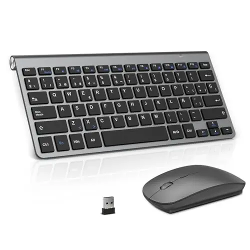 PINKCAT Teclado y ratón inalámbricos, 2.4G Set de Teclado Ultrafino y ratón ergonómico silencioso con 12 accesos directos Multimedia para Ordenador, PC, Tableta, Ordenador de sobremesa (Gris Oscuro)