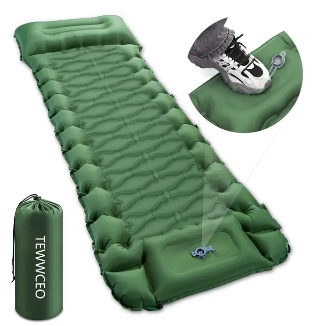 Colchon Hinchable Camping, Esterilla Hinchable Campings con Almohada y Bomba de Pie, Colchoneta Camping para Dormir para Senderismo Mochilero, Verde
