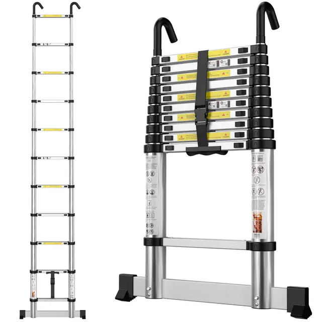 Escaleras Plegables Aluminio, 3,19m Escalera Telescópica, Escalera Plegable Portátil, con Barra Estabilizadora y Ganchos Extraíbles Adecuado para Mantenimiento del hogar, Camping, Carga 150 KG