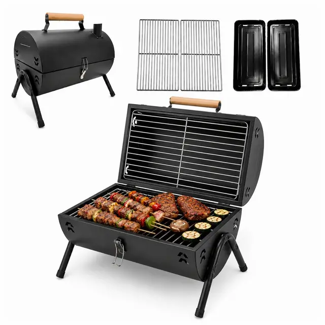 Barbacoa Portátil con Diseño de Cubo, Barbacoa de Carbón para Exteriores con 2 Parrillas, Mango de Madera y Tapa con Chimenea, Color Negro, Compacta para Camping Jardín
