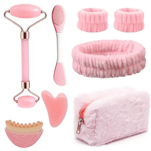 8 Piezas Kit de Masaje Gua Sha para Mujer, Gua Sha Cuarzo Rosa, Rodillo de Masaje, Cepillo Facial de Contorno, Diadema, Bolsa de Maquillaje, Regalos Guasha Facial Jade para Familia, Amigos