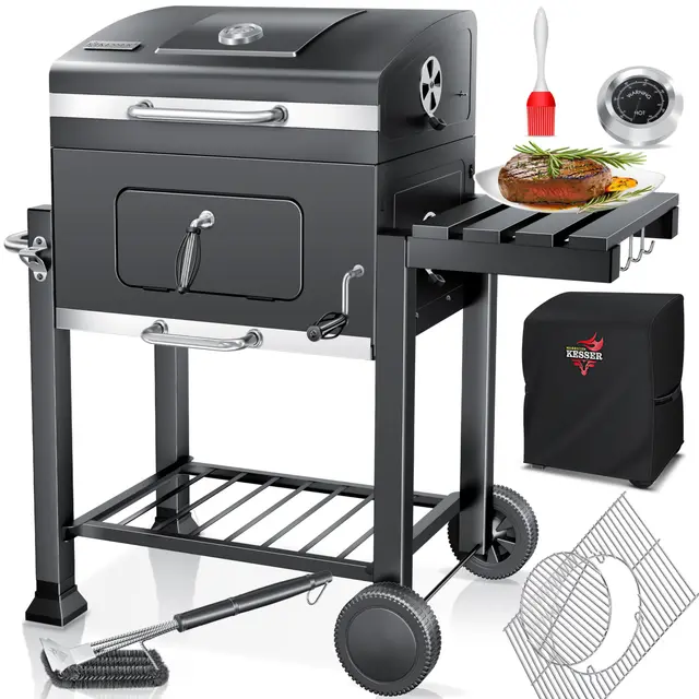 KESSER® Parilla de Carbón con Carrito Grill con Tapa, Ruedas, Mango de Acero Inoxidable | Barbacoa, Cepillo, Cubierta y Termómetro Carbón Wagen Grande BBQ Barbacoa Camping, Jardín XL Gris