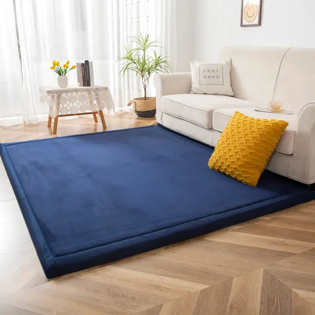 BYBYME Alfombra de terciopelo coral, alfombra para gatear, adecuada como esterilla de yoga y cojín de ejercicio (azul oscuro, 200x200 cm)