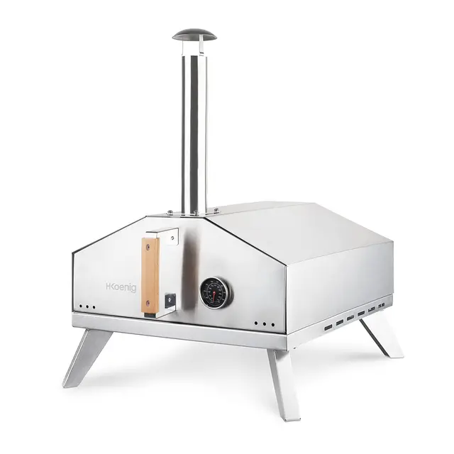 Horno de pizza a gas H.Koenig GINO440, Acero inox, Superficie 30.5x30.5 cm, Piedra de pizza Cordierite, hasta 450°C, Puerta y chimenea desmontables, Termómetro incorporado, Pizza peel incorporada