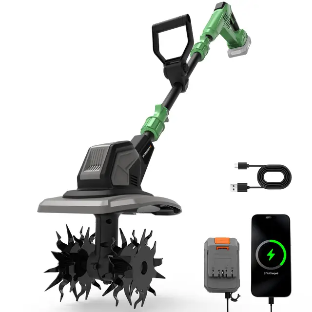 WORKPROX Motoazada Eléctrica a Batería 20V con 4,0Ah, Cultivador de Jardín Inalámbrico, Ancho de Trabajo 20 cm, Profundidad 20 cm, Ruedas Ajustables, Mango Plegable