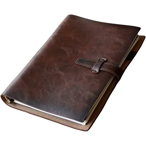 Libreta de cuero A5 recargable, cuaderno de cuero reutilizable, organizador vintage con carpeta de metal de 6 anillos, papel rayado de 120 páginas y bolsillo, para escritores, trabajo, estudio