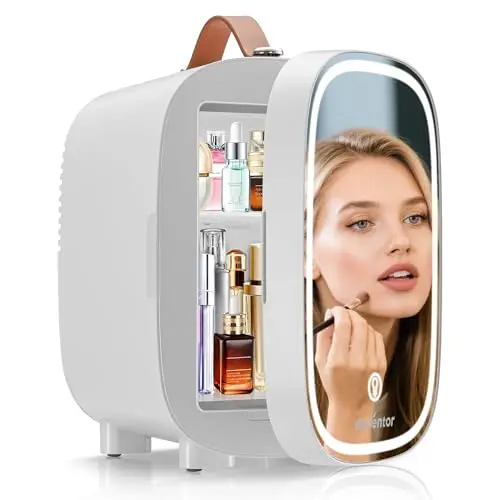 Enventor 4L 6 Latas Nevera Pequeña Blanco, Mini Frigorifico con Enfriador y Calentador, Espejo con Luz LED Regulable, Alimentación Dual, Mini Nevera para Habitacion, Oficina y Coche