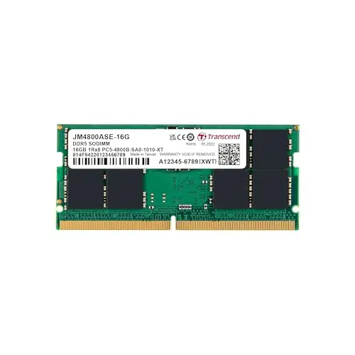 Transcend Memoria RAM SO-DIMM de 16 GB DDR5 4800 MHz, Compatible con HP Lenovo, DELL, ASUS Acer, Memoria de computadora portátil, actualización de módulo ECC, 1Rx8, 1.1 V PC5-38400 CL40, sin búfer de