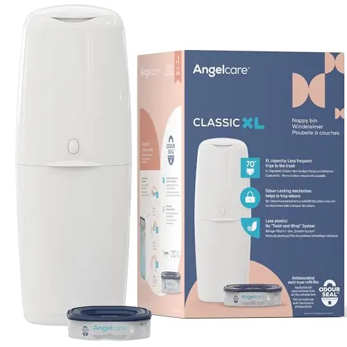 Angelcare Cubo para pañales Classic XL. Incluye un repuesto octogonal de alta capacidad y resistente a olores (1 mes - 210 pañales talla 1). Práctico, eficiente y económico.
