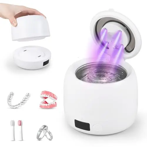 Carehabi Limpiador Ferula Dental, Limpiador Ultrasonidos Dental 45kHz con Depósito Extraíble 200mL, Máquina con Luz U-V para Retenedores, Alineadores y Joyas, Blanco
