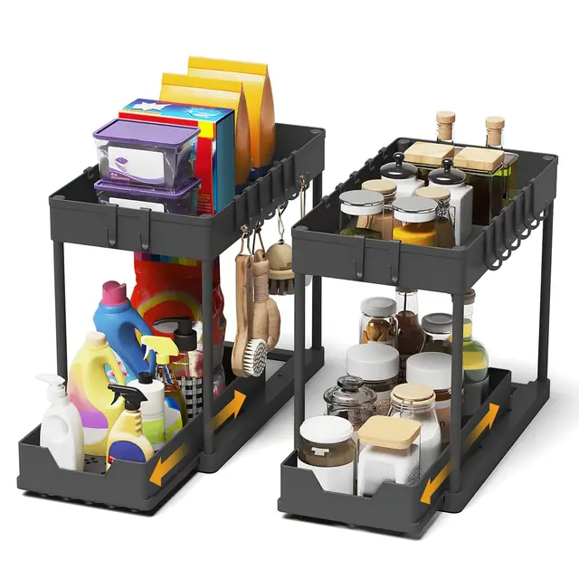 Meltrck 2 Paquete Organizador Cocina 2 Niveles para Debajo del Fregadero - Organizador Extraíble Estante Almacenamiento Debajo Fregadero con 16 Ganchos,Negro
