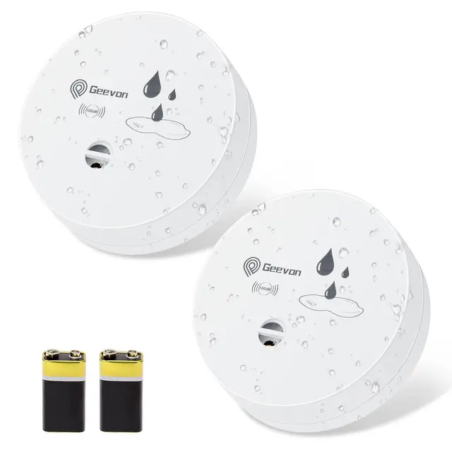 Geevon Paquete de 2 detectores de fugas de agua, alarmas de sensor de agua de 100 dB, detector de inundación para sótanos, baños, lavanderías, cocinas, garajes y áticos, alarmas de agua que funcionan