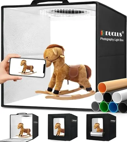 DUCLUS Caja de luz fotografía 30x30 cm, Kit Estudio Fotografico con 120 Luces LED Ajustables,6 Fondos para Productos Fotos Joyería/Cosméticos/Alimenticios