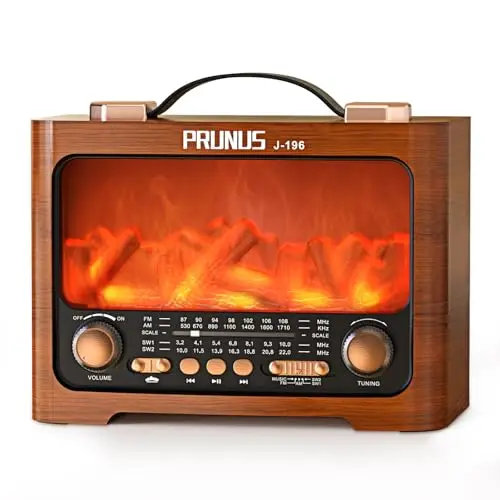 PRUNUS J-196 Am/FM/SW Radio Vintage Retro | Radio Portatil Pequeña Bluetooth | Transistor Radios Excelente Recepción | LED en Forma de Llama | Recargable de 1800mAh | Ranura USB/TF, para Cocina,Salón