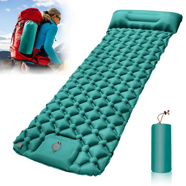 Esterilla Camping Inflable, Colchoneta Camping Autoinflable Individual con Bomba de Pie, Esterilla Hinchable con Almohada, Colchón de Aire Ultraligero y Compacto para Camp Viaje Playa