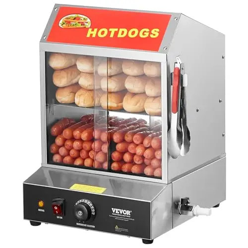 VEVOR Vaporera para Perritos Calientes, 27 L, 2 Niveles, Control de Temperatura de 30 ℃ a 85 ℃, con Puertas Corredizas de Vidrio Templado, Pinzas Placa Divisoria, Acero Inoxidable, 345 x 380 x 510 mm