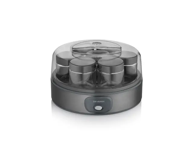 Severin Yogurtera, incluye 7 tarros de yogur de 150 ml para 1 litro de yogur casero, tapa transparente, estilo griego, interruptor basculante, 18 W, acero inoxidable oscuro, JG 3510