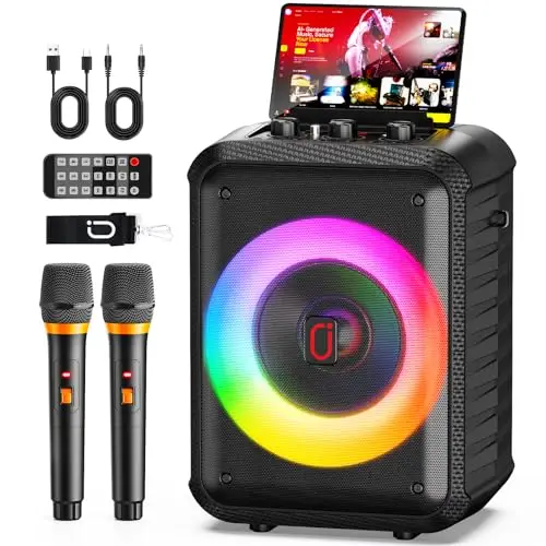 HWWR Máquina de karaoke, Dispositivo de karaoke con 2 micrófonos, Dispositivo de karaoke Bluetooth portátil con luces DJ, sistema Pa, ideal para reuniones familiares y como regalo para adultos y niños