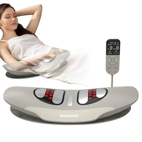 Masajeador de tracción lumbar con calor, vibración, función de curvatura, masajeador de espalda con calor y pulso EMS, masajeador lumbar con vibración, cojín de aire y mando a distancia