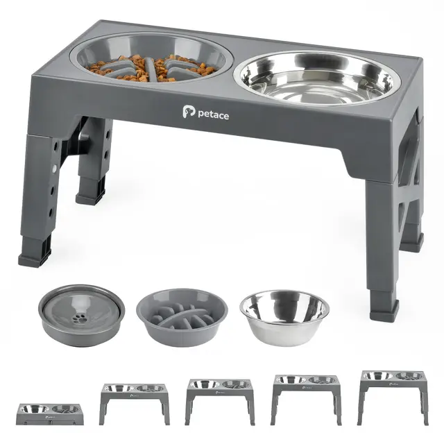 Comedero Elevado de Acero Inoxidable, Antivoracidad y Antigoteo, Ajustable para Perros Pequeños, Medianos y Grandes, Gris