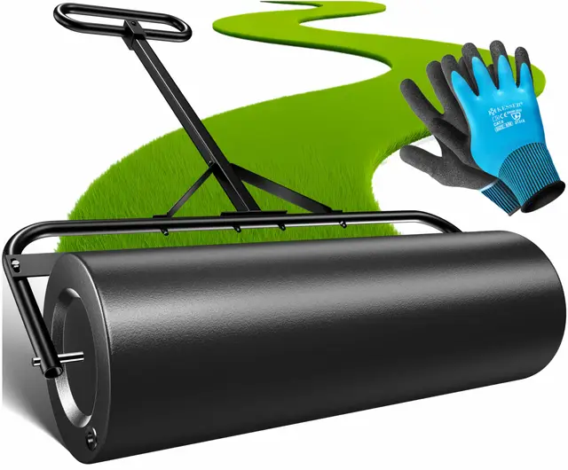 KESSER Rodillo de césped de metal rellenable con agua o arena con 63 litros de volumen y 99 cm de ancho | rodillo de jardín incluye guantes | rodillo manual de césped en negro