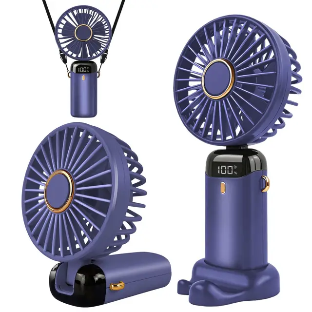 Jsdoin Ventilador de mano portátil, 5 velocidades recargable por USB,funciona con pilas, ventilador plegable de escritorio con pantalla LED para el hogar,oficina,dormitorio,viajes al aire (Violet)