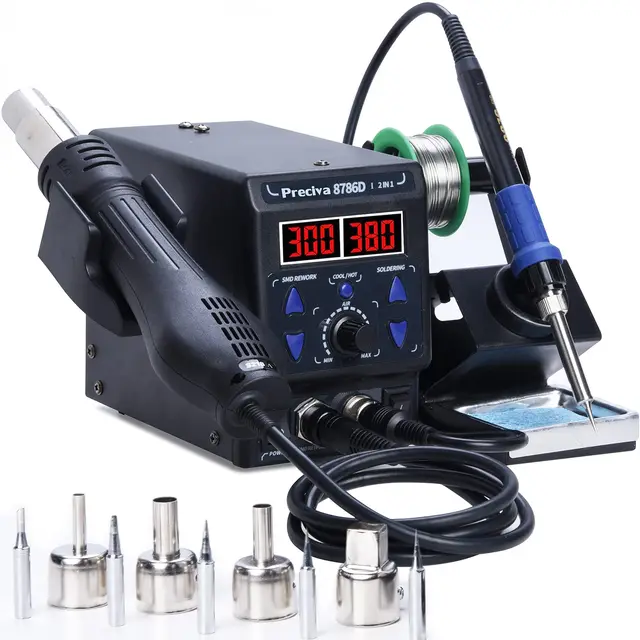Preciva Estación de Soldadura Aire Caliente SMD 2 en 1 con 5 Punta, Control PID, Temperatura y Flujo Ajustables, Función Auto Start/Stop para Desoldadura Electrónica (8786D)