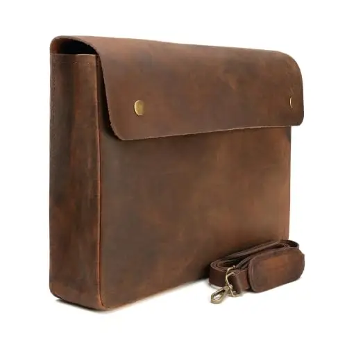 WANDERINGS Carpeta Grande de Cuero Genuino con Correa Removible - Organizador de Documentos Folio Hecho a Mano - Portadocumentos de Cuero - Compatible con Tablets y Laptops de 15" 14" 13"