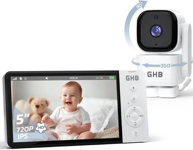 GHB Camara Vigilancia Bebe 5" 720P HD IPS Rotación de 350° Duración 7X 24 Horas Vigilabebes con Camara Visión Nocturna Comunicación Bidireccional Escucha Bebes VOX 4xZoom