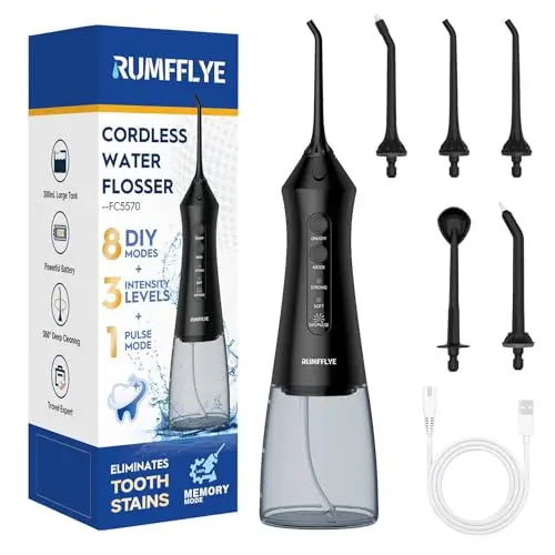 Irrigador Dental Portátil Irrigador Bucal Inalámbrico Profesional Water Flosser 12 Modos 5 Boquillas Irrigador eléctrico oral IPX7 Impermeable 300ML USB Recargable Para Casa y de Viaje(Negro)