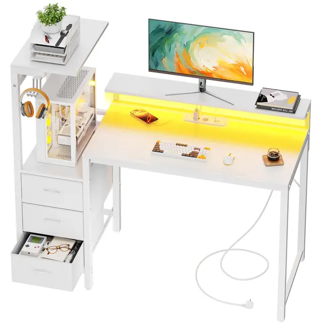 SOLAVERO Escritorio Gaming con LED y Enchufe Integrado, 112cm Mesa Gaming Reversible con Estanteria & Cajones de Tela, Mesa Ordenador con Soporte para Monitor y Gancho para Auriculares, Blanco