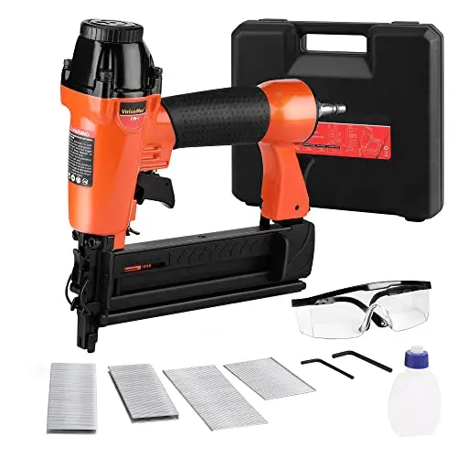 ValueMax Grapadora Neumática de Aire Comprimido 8.3 bar, Pistola de Clavos con Nariz de Seguridad, incluye 200 Grapas y 200 Clavos, Gafa, Aceite, Llave Hexagonal