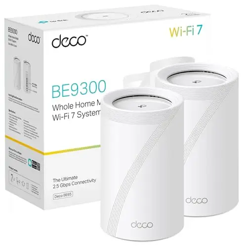 TP-Link Deco BE65(2-Pack) - WiFi 7 Mesh BE9300 Deco Tri-Band BE65 (Paquete de 2), Puerto Ethernet/Fibra 2.5 Gbps, Velocidad WiFi de hasta 9 Gbps, WPA3, Canales de 320 MHz, 6 GHz