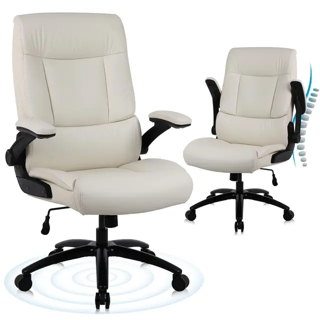 Youhauchair Silla Escritorio, Silla Oficina de 200 kg para Personas Pesadas, Silla Ergonomica Escritorio con Reposabrazos Abatibles, Sillas Escritorio de Cuero PU, Respaldo Alto, Beige