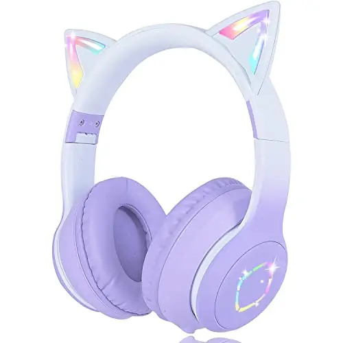Auriculares Bluetooth, LED Cascos Bluetooth Inalámbricos, Auriculares Plegable con Orejas de Gato, 85dB Volumen Limitado para niños y Adultos(púrpura)