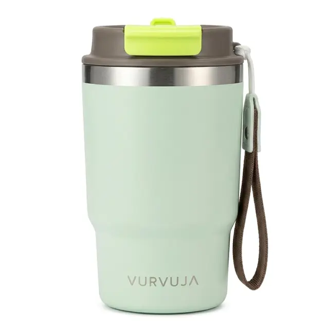 Vaso Termico 470ml de Acero Inoxidable 3en1 con Pajita y Tapa Antifugas. Taza Termica con Correa Integrada, Reutilizable y sin BPA. Termo Cafe para Llevar con Doble Pared para Frío y Calor. (Mint)