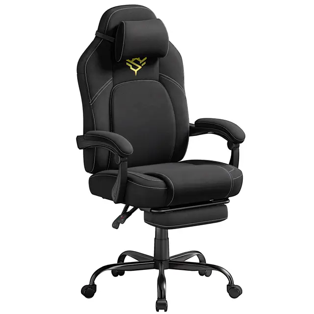 SONGMICS Home Silla de Juegos, Silla Racing Ergonómica para Ordenador con Reposapiés, con Reposacabezas, Tela de Algodón y Lino, Altura Ajustable, Negro Tinta OBG072BH03